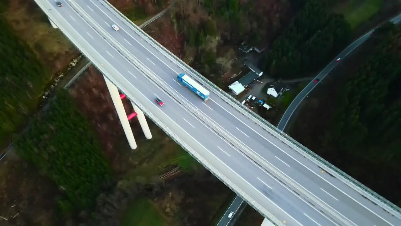 A Bird's Eye View of Cars and Trucks on Talbrücke Nuttlar during Golden Hour