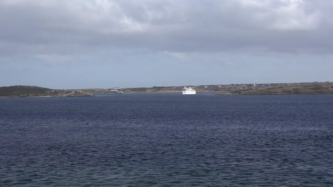 Falklands Ship Leaves Harbor At Port Stanley Zooms In