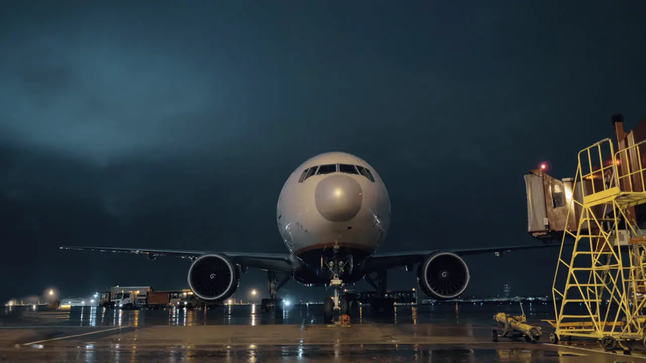 View to the cockpit and engines of parked airliner in airport at night