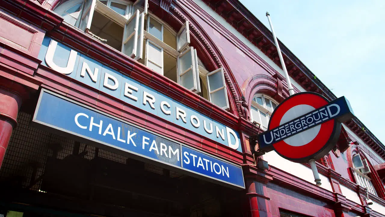 LONDON MAY 2017 Entrance to Chalk Farm Underground station Camden Town London NW1 side view