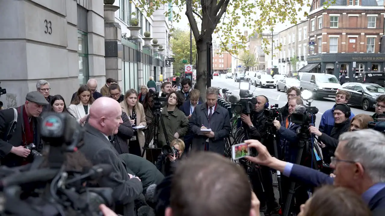 24 November 2022 Press And Camera Crews Filming RMT General Secretary Mick Lynch Outside Department For Transport After Strike Talks