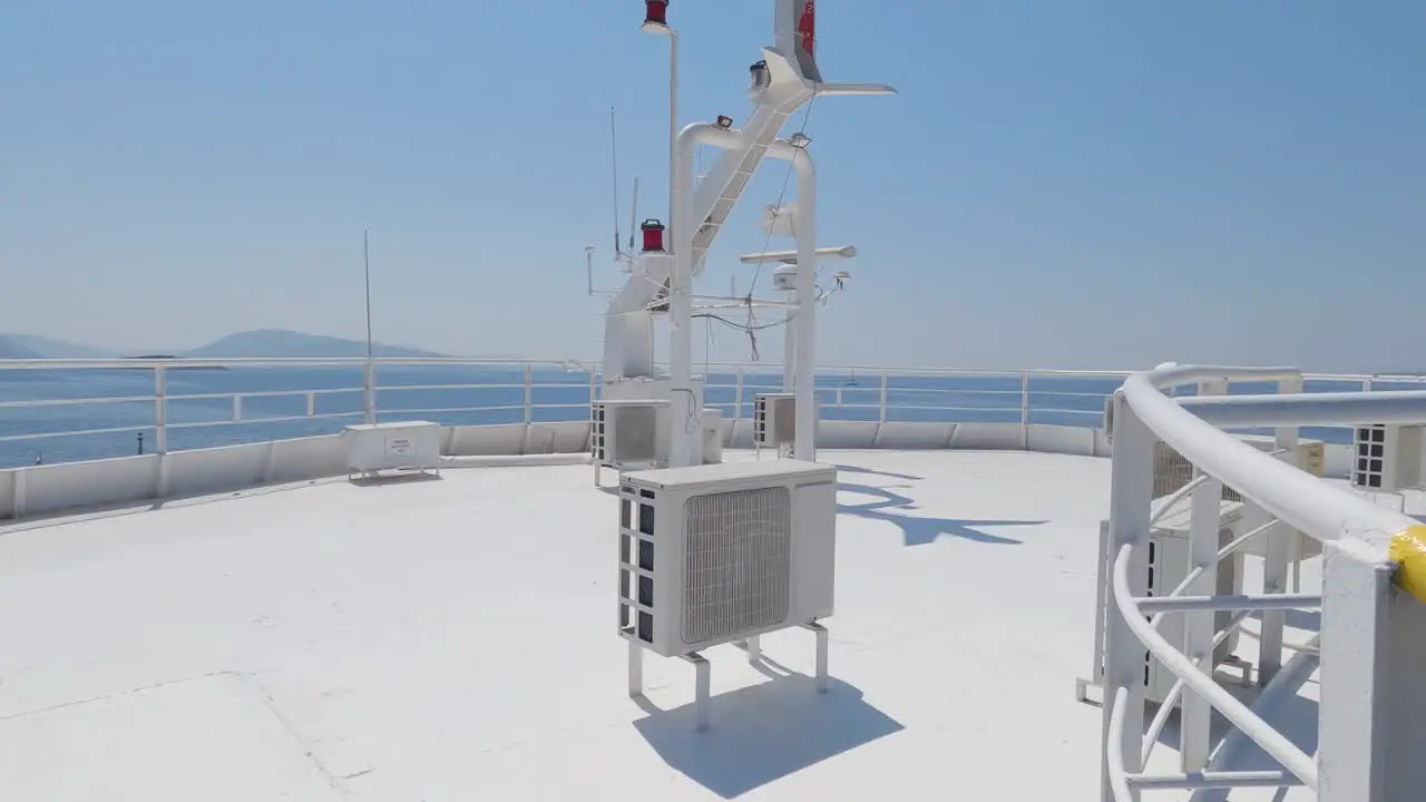 Tilt up shot Antennas and radar equipment on top of the bridge of a ferry boat Transportation Technology