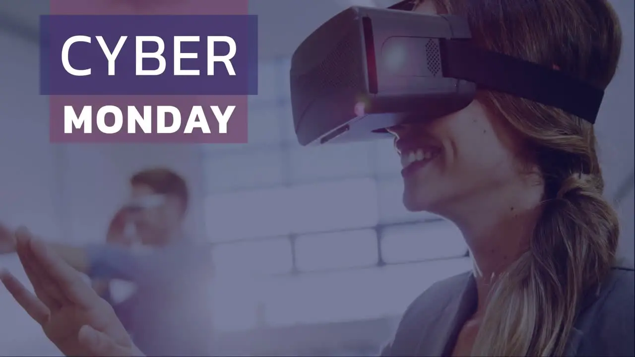 Cyber Monday text and woman using virtual reality headset 4k