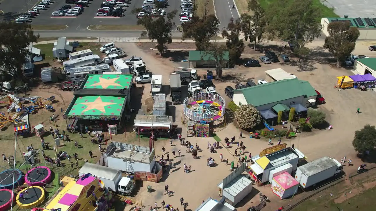 Yarrawonga Victoria Australia 7 October 2023 Aerial view over the amusement rides at the Yarrawonga Show in Victoria Australia