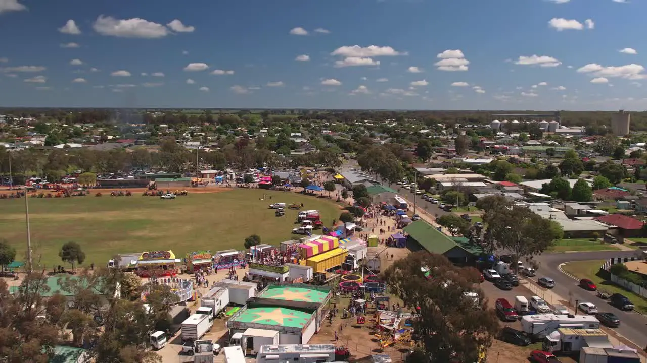 Yarrawonga Victoria Australia 7 October 2023 Overhead aerial view of the amusement and other areas of the Yarrawonga Show in Victoria Australia