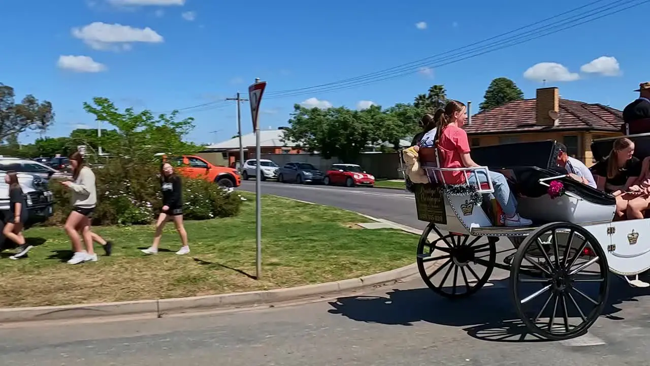 Yarrawonga Victoria Australia 7 October 2023 Two horses drawing a carriage with passengers outside the Yarrawonga Show in Victoria Australia