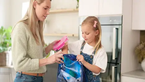 Backpack kitchen and mother with child for school