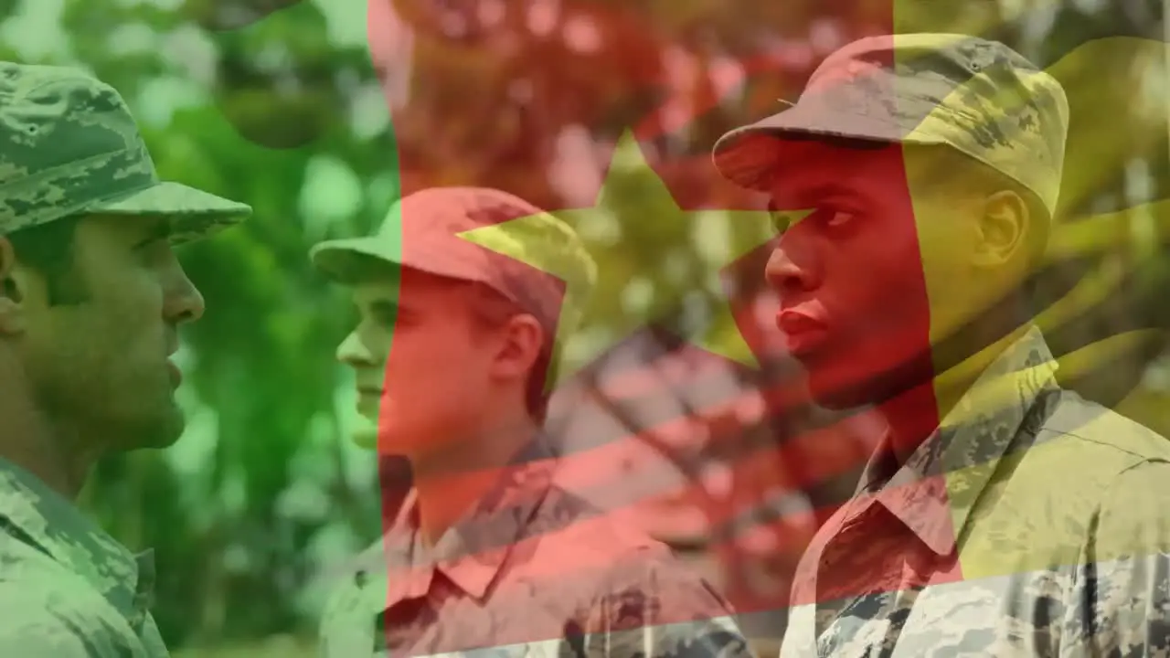 Waving cameroon flag against soldier saluting his army sergeant at training camp