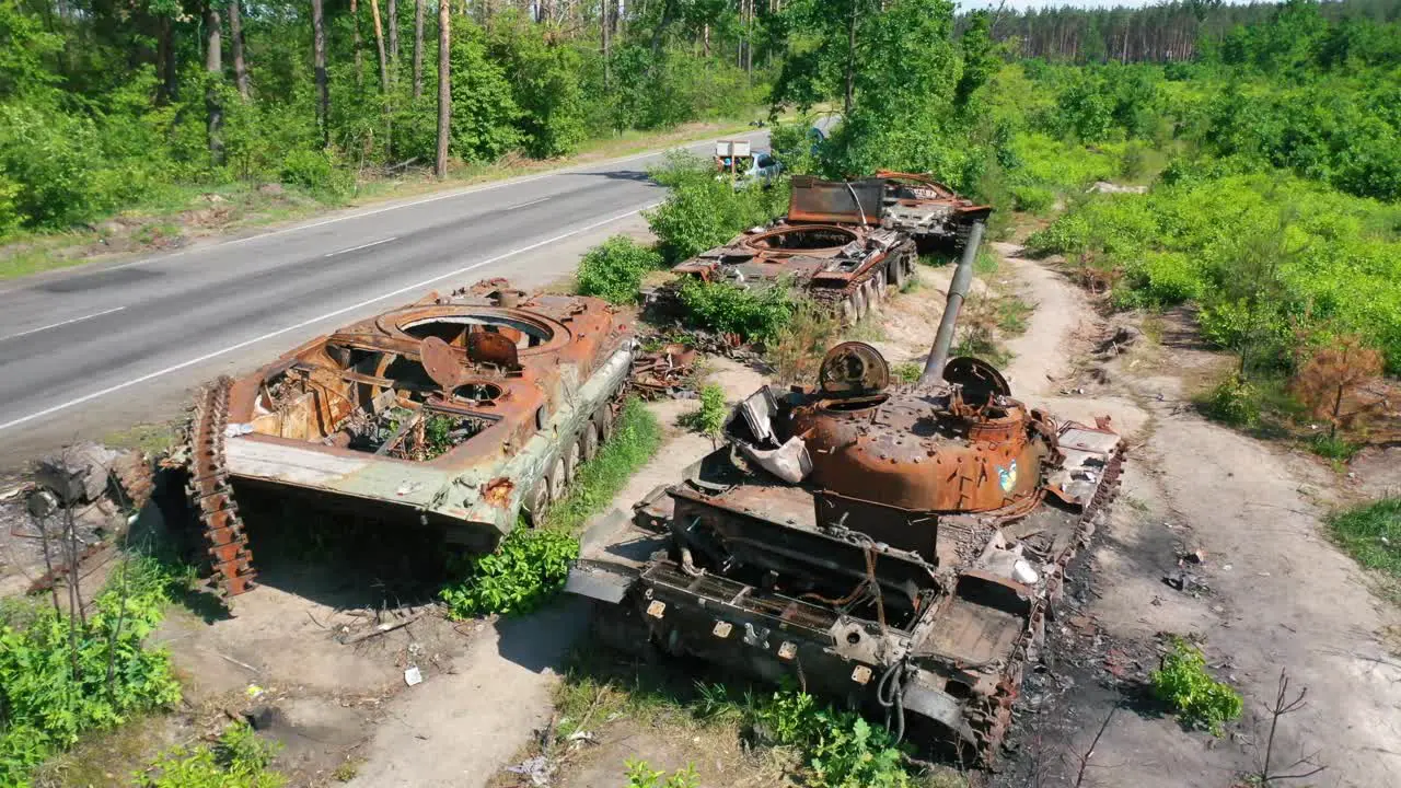 Aerial Over Destroyed And Abandoned Russian Tanks And War Equipment Left Along A Road During Ukraine'S Summer Offensive