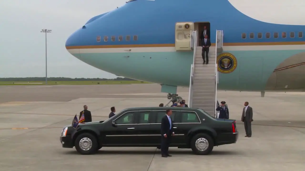 President Obama Emerges From Air Force One And Greets Military Personnel At Macdill Air Force Base