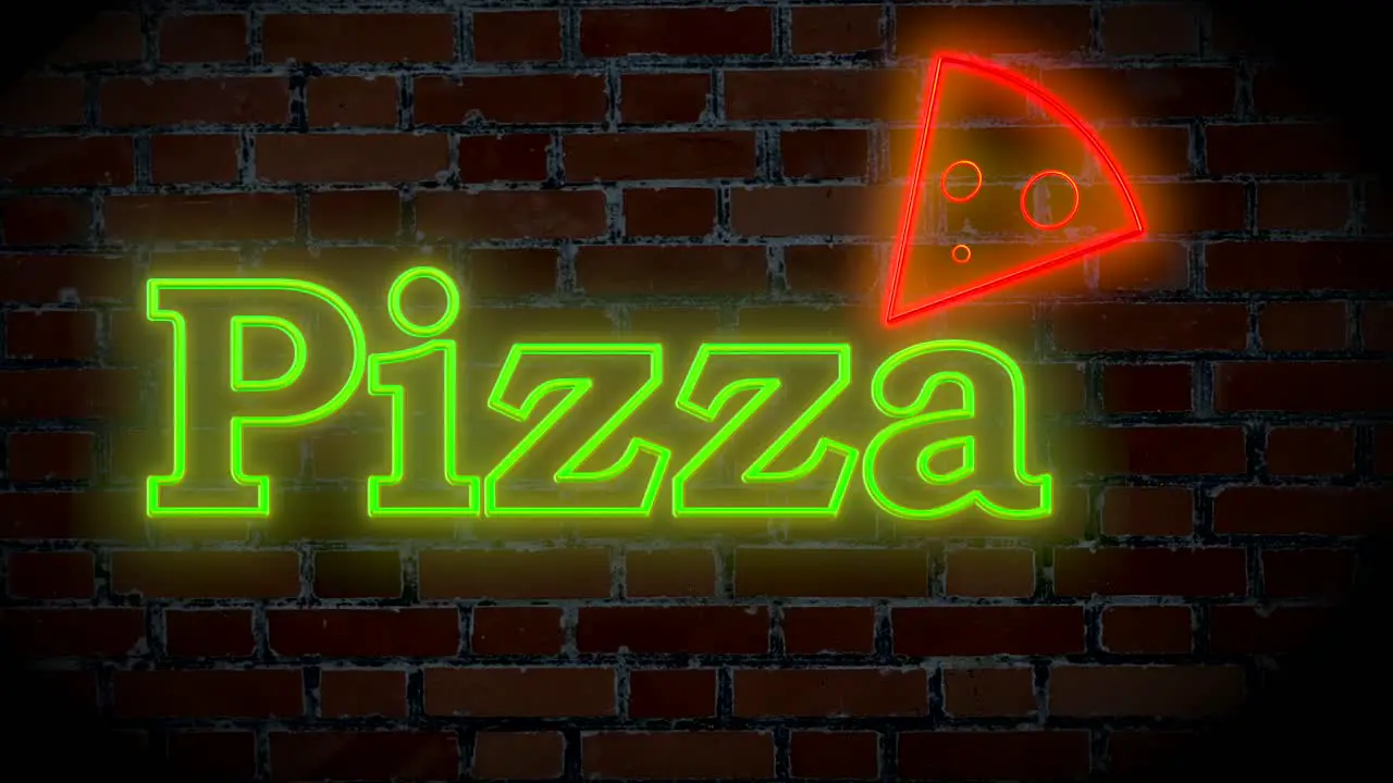 Illuminated green pizza neon text sign entrance with brick wall in background