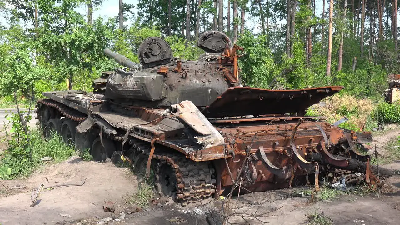 Wrecked And Destroyed Russian Tanks Are Abandoned Along A Roadside Following Russia'S Hasty Retreat From Ukraine During The Summer Offensive There