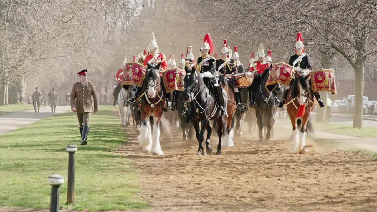 Three heavy Shire drum horses lead the Blues and Royals during the Major Generals inspection