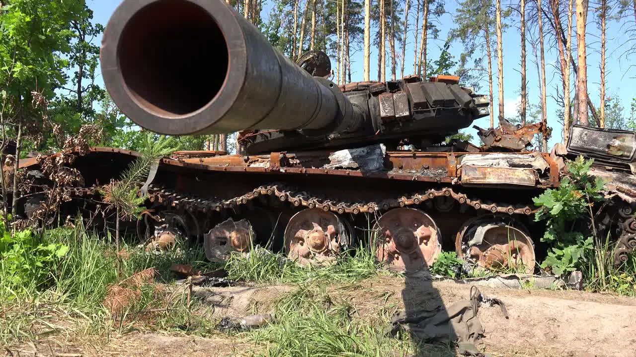 Tilt Up Wrecked And Destroyed Russian Tanks Abandoned Along A Roadside Following Russia'S Hasty Retreat From Ukraine During The Summer Offensive There