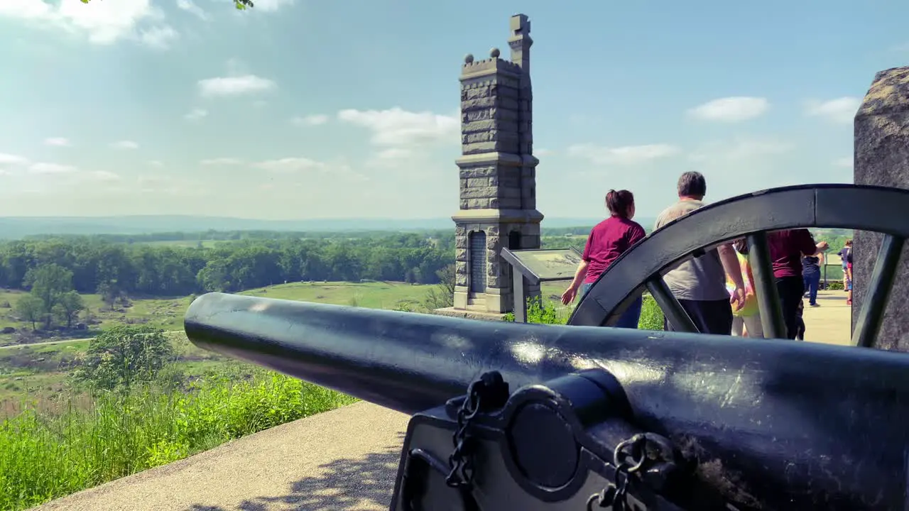 Tourists pass by Civil War era cannons Little Round Top panorama of battlefield