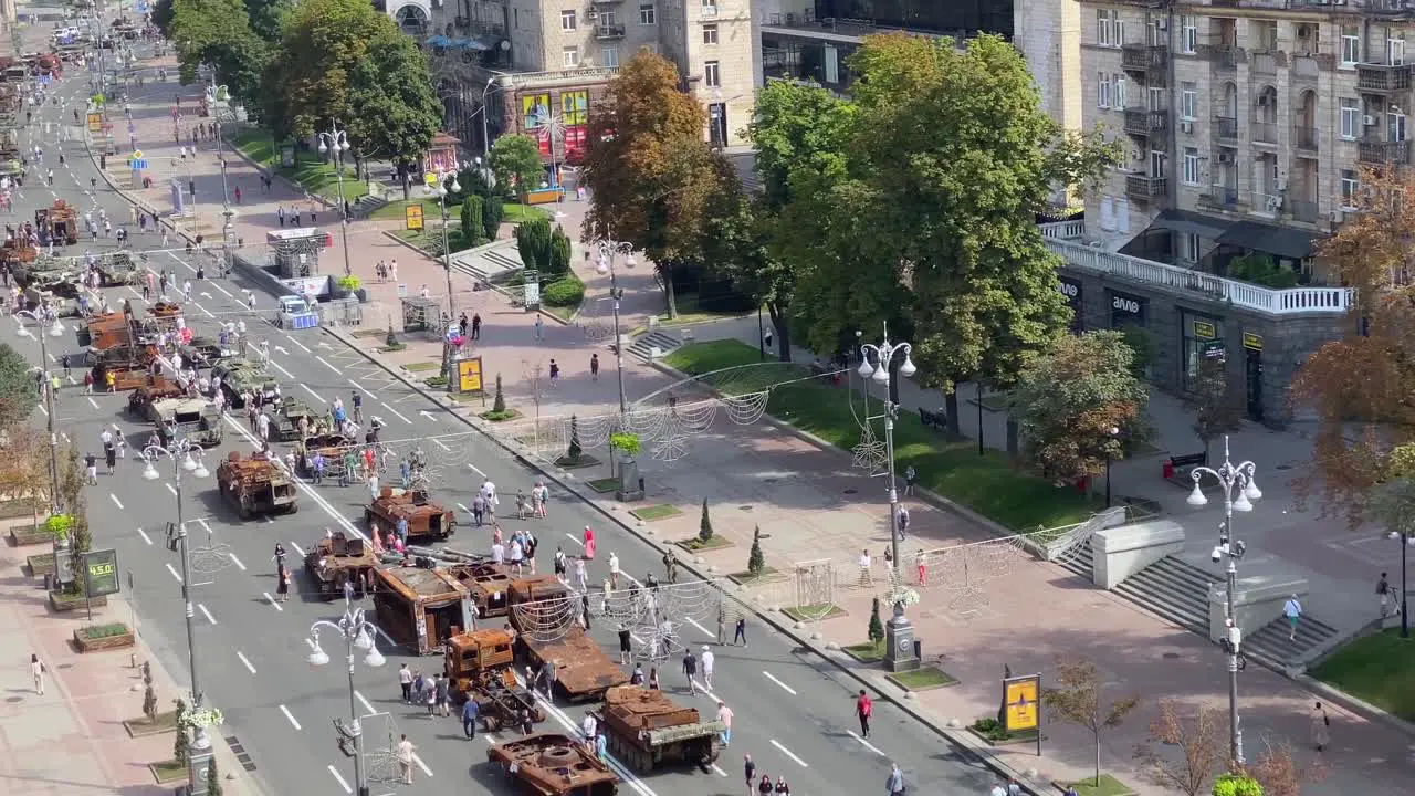 Amazing Shot Of Hundreds Of Wrecked Destroyed Russian Tanks And War Equipment On Khreshchatyk Street In Downtown Kyiv Kiev To Celebrate Ukrainian Independence Day August 24