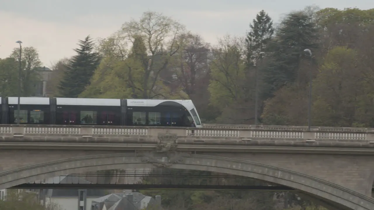 Tram driving over Adolphe Bridge in Luxembourg