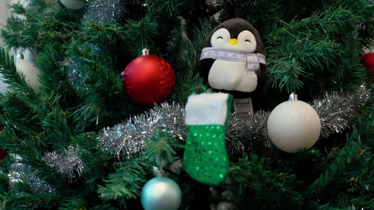 A close-up of decorations on an American Christmas tree