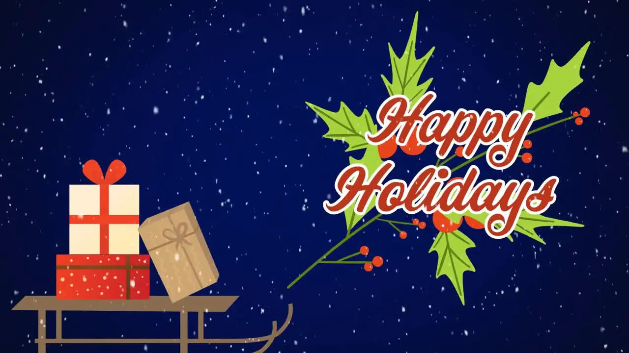 Animation of snow falling and presents over happy holidays text