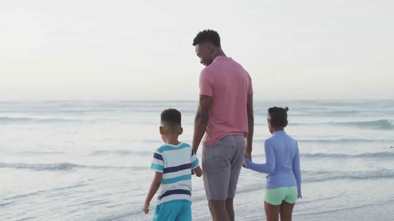 African american father walking with daughter and son on sunny beach