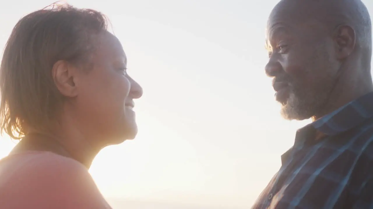 Smiling senior african american couple looking at each other on sunny beach