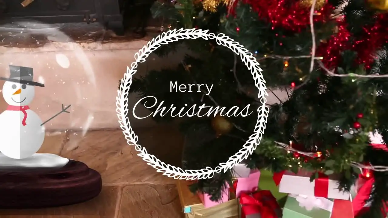 Animation of merry christmas in wreath snowman in crystal ball over fireplace and christmas tree