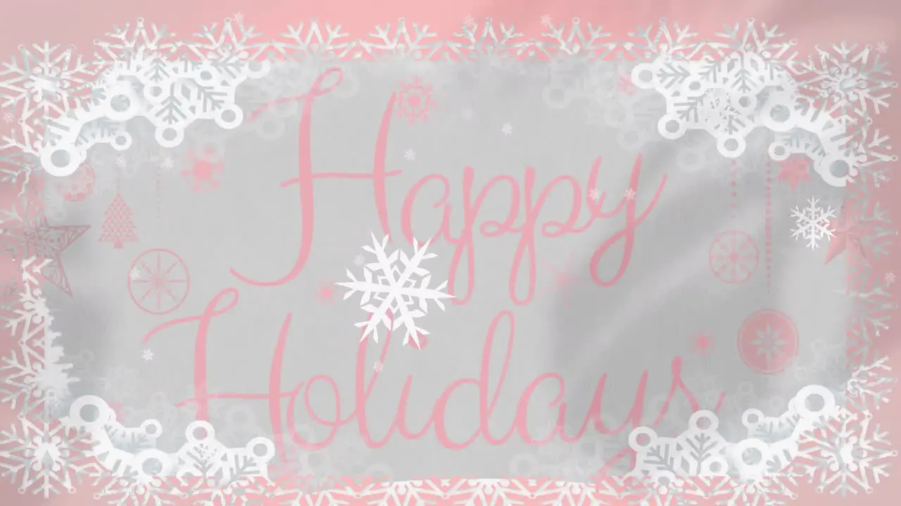 Animation of frame and snowflakes falling over happy holidays on grey background