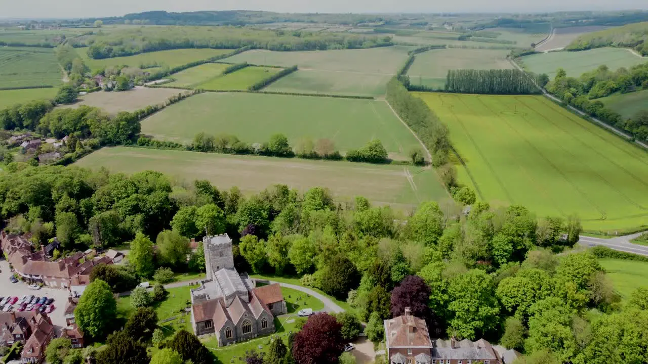 Flying towards the village church in Chilham Kent