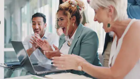 Business people laptop or success clapping