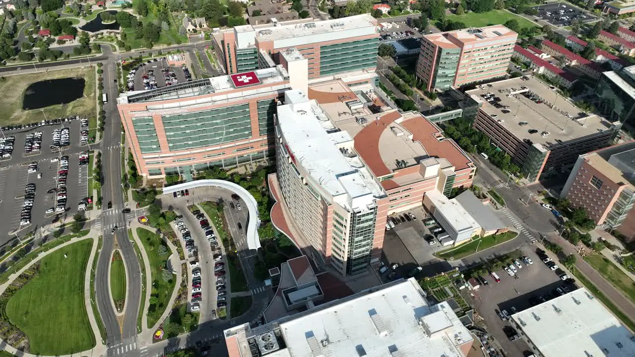 High angle aerial descent view of UCHealth Anschutz Medical Campus Aurora