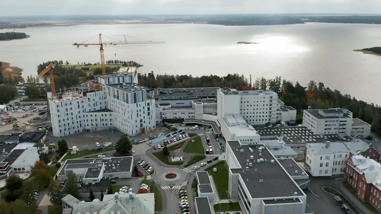 Aerial Orbit establishing shot of Vaasa region hospital Ostrobothnia Finland