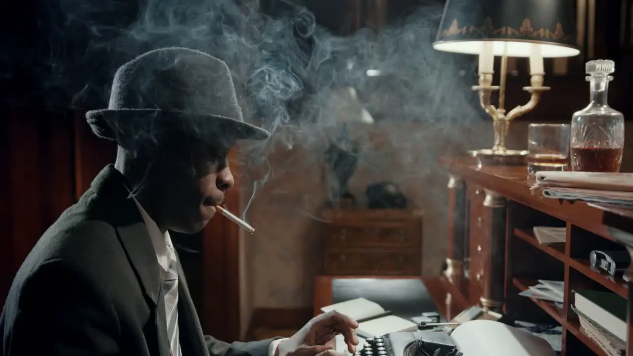 cinematic video of a man smoking a cigarette whilst writing on his typewriter in the evening