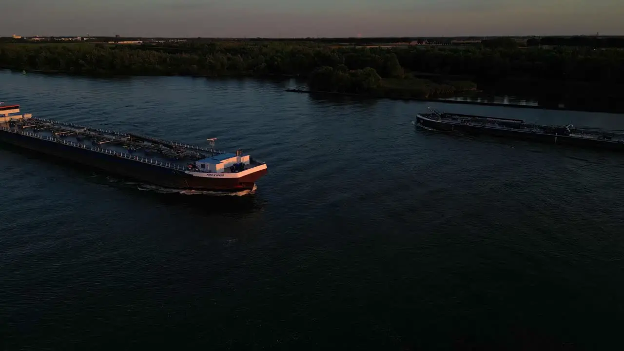 Aerial Starboard View Maxima Liquid Cargo Ship Bathed In Sunset Light Making Approach