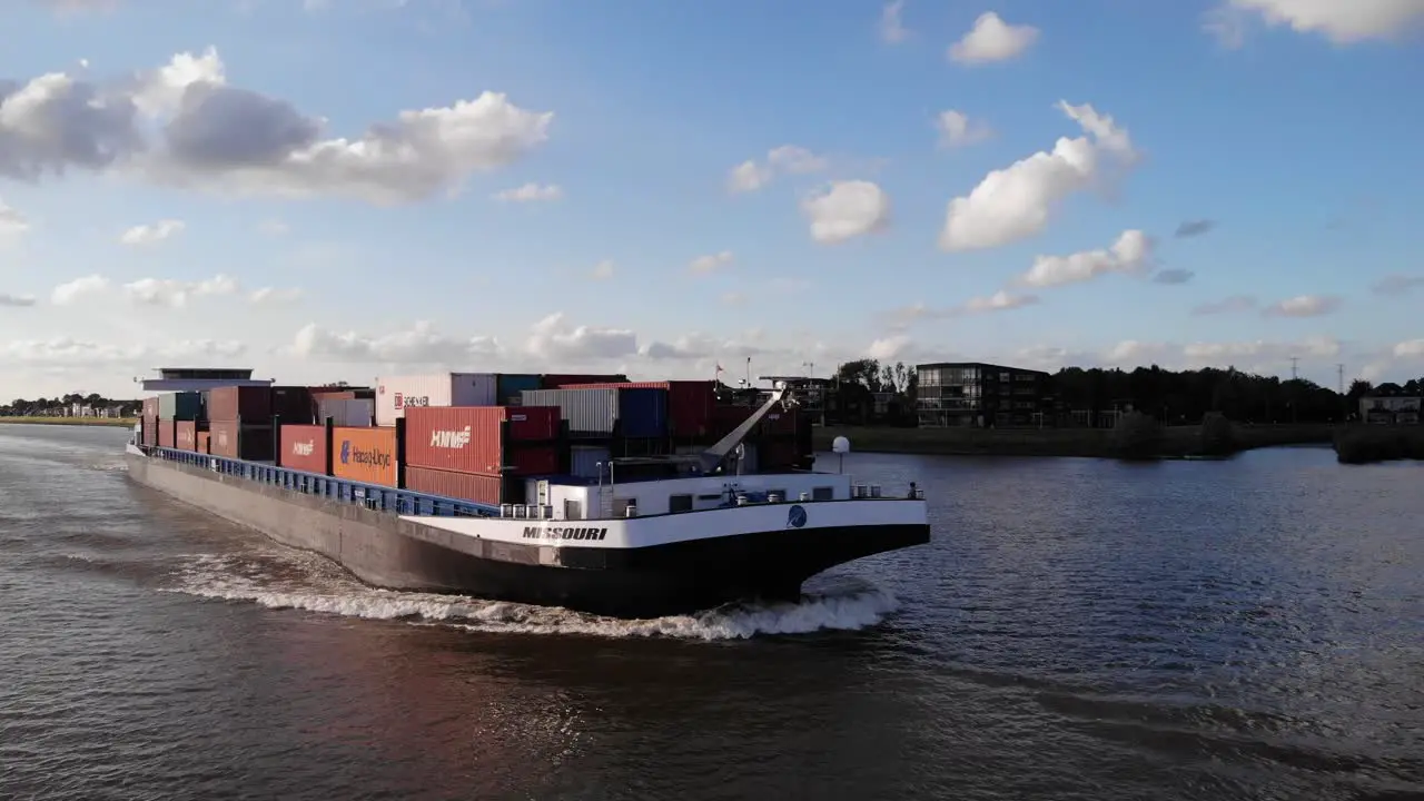 Aerial View Of Missouri Inland Container Vessel Navigating River Noord