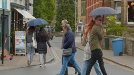 Wide Shot of Pedestrians Walking In Rain