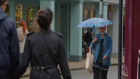 Long Shot of Shoppers Walking In Rain