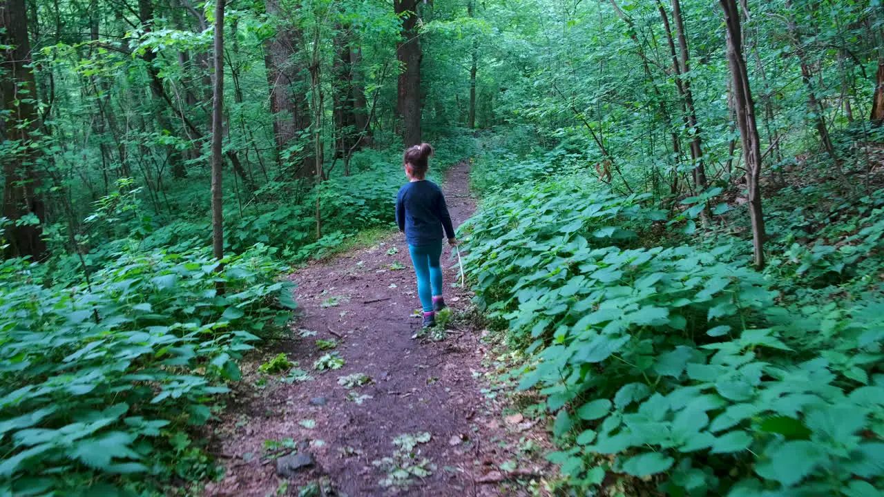 Little girl walking on a footpath alone in dark spooky forest-1