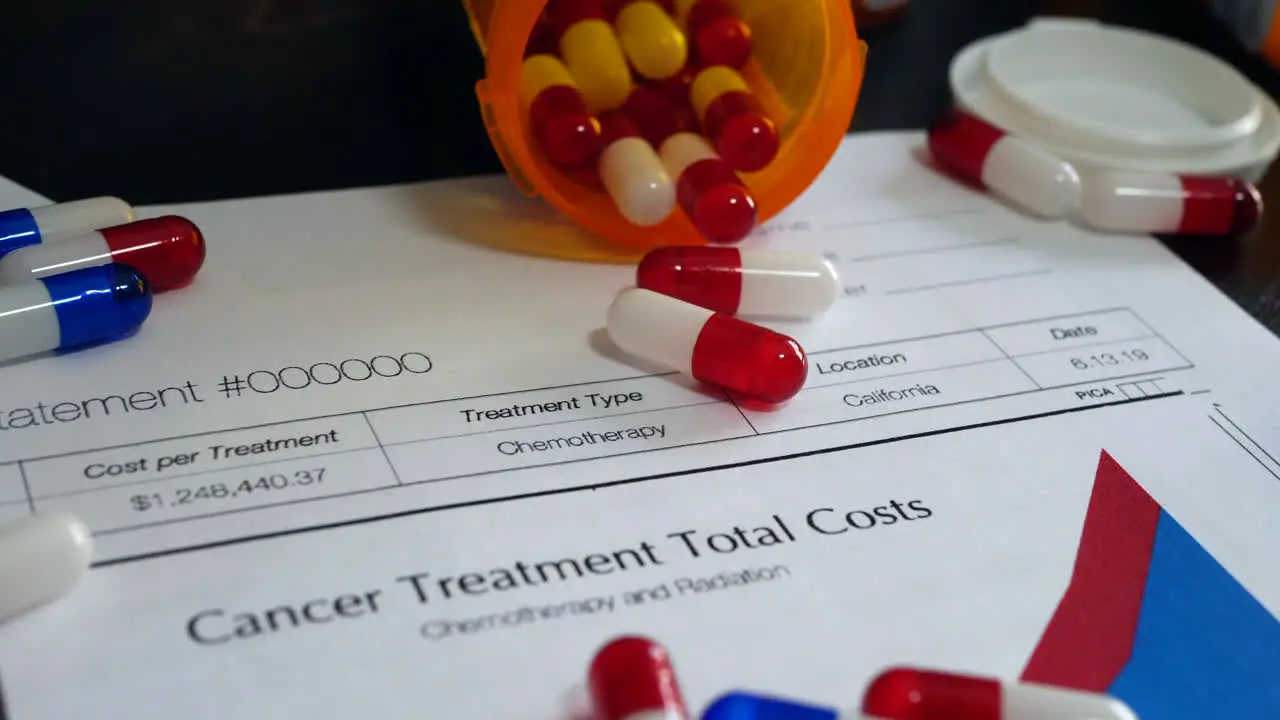 Expensive cancer treatment pills falling in slow motion on a prop medical patient insurance form showing high cost of treatment