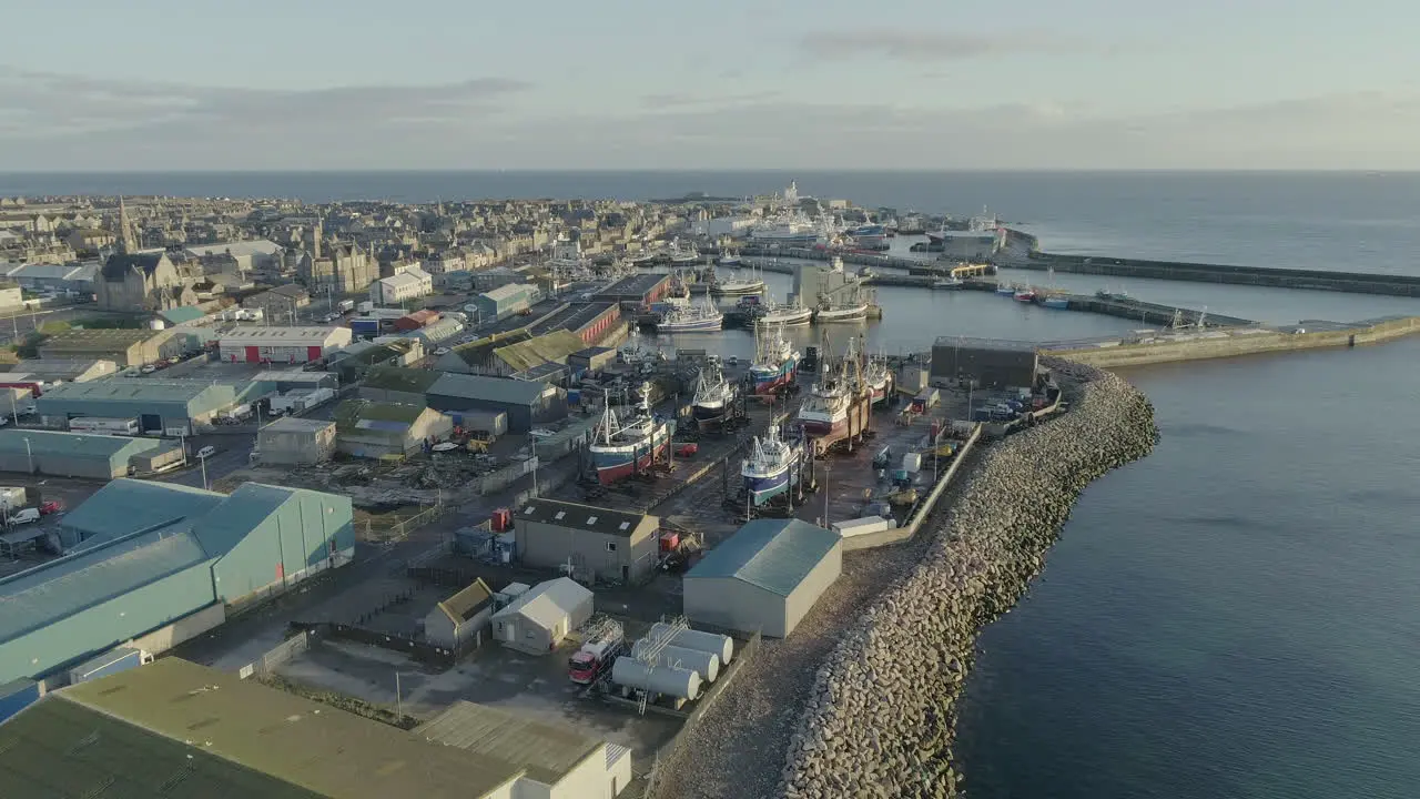 Aerial footage of Fraserburgh harbour in Aberdeenshire