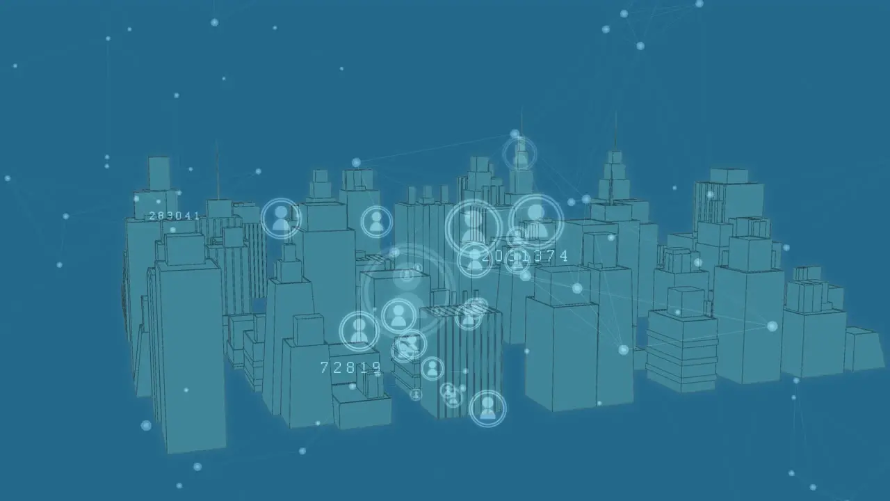 Animation of profile icon numbers connecting dots 3d urban city on digital interface