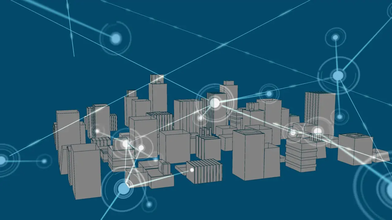 Animation of network connecting dots with 3d urban city on digital interface