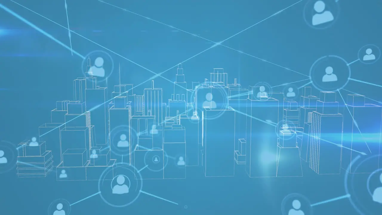 Animation of profile icon network connecting dots with 3d urban city on digital interface