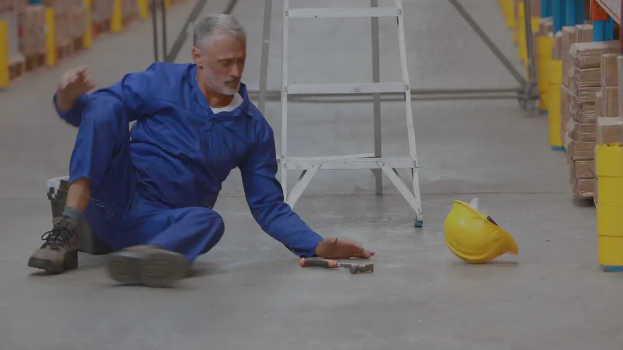 Animation of scratches over caucasian senior man falling from ladder in warehouse