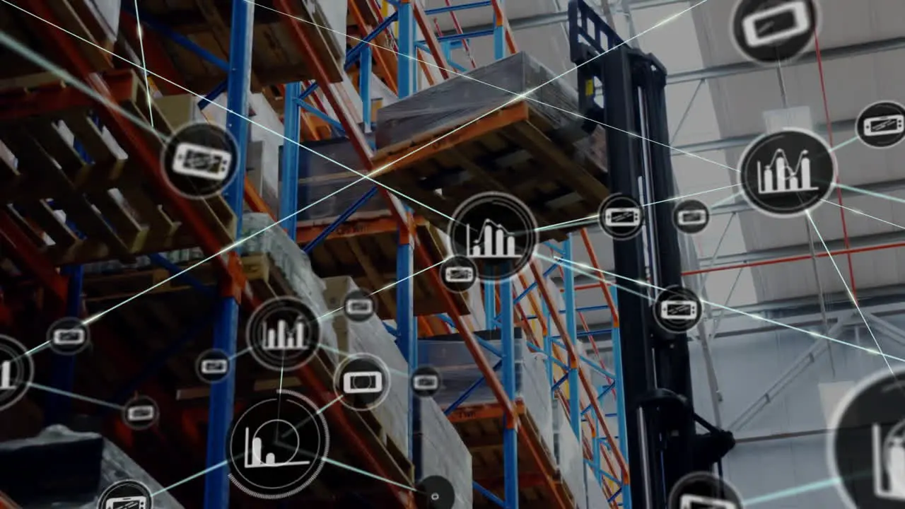 Animation of network of media and data icons over forklift truck and shelves at goods warehouse