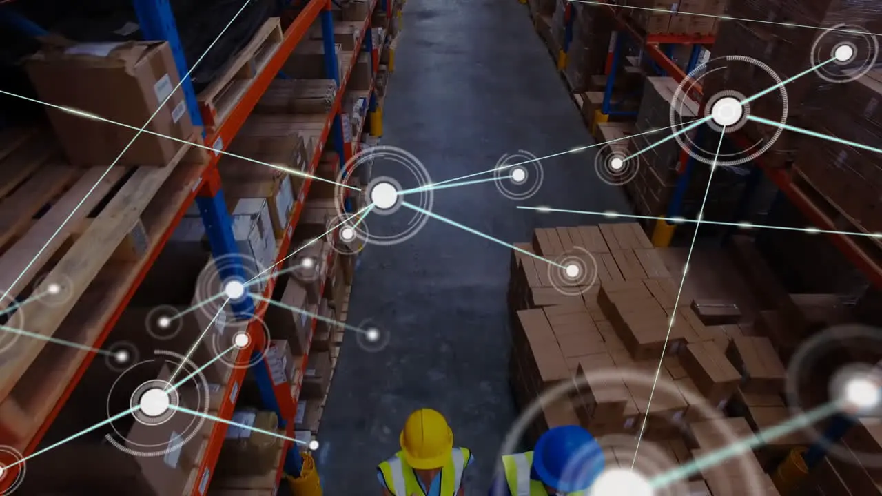 Animation of communication network over diverse workers walking through warehouse