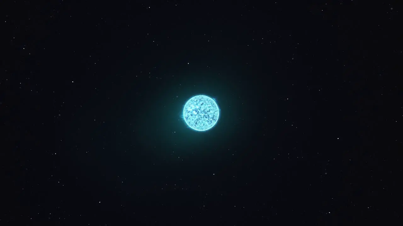 3D animation of the hot surface of a blue star orbiting in outer space with a backdrop of stars