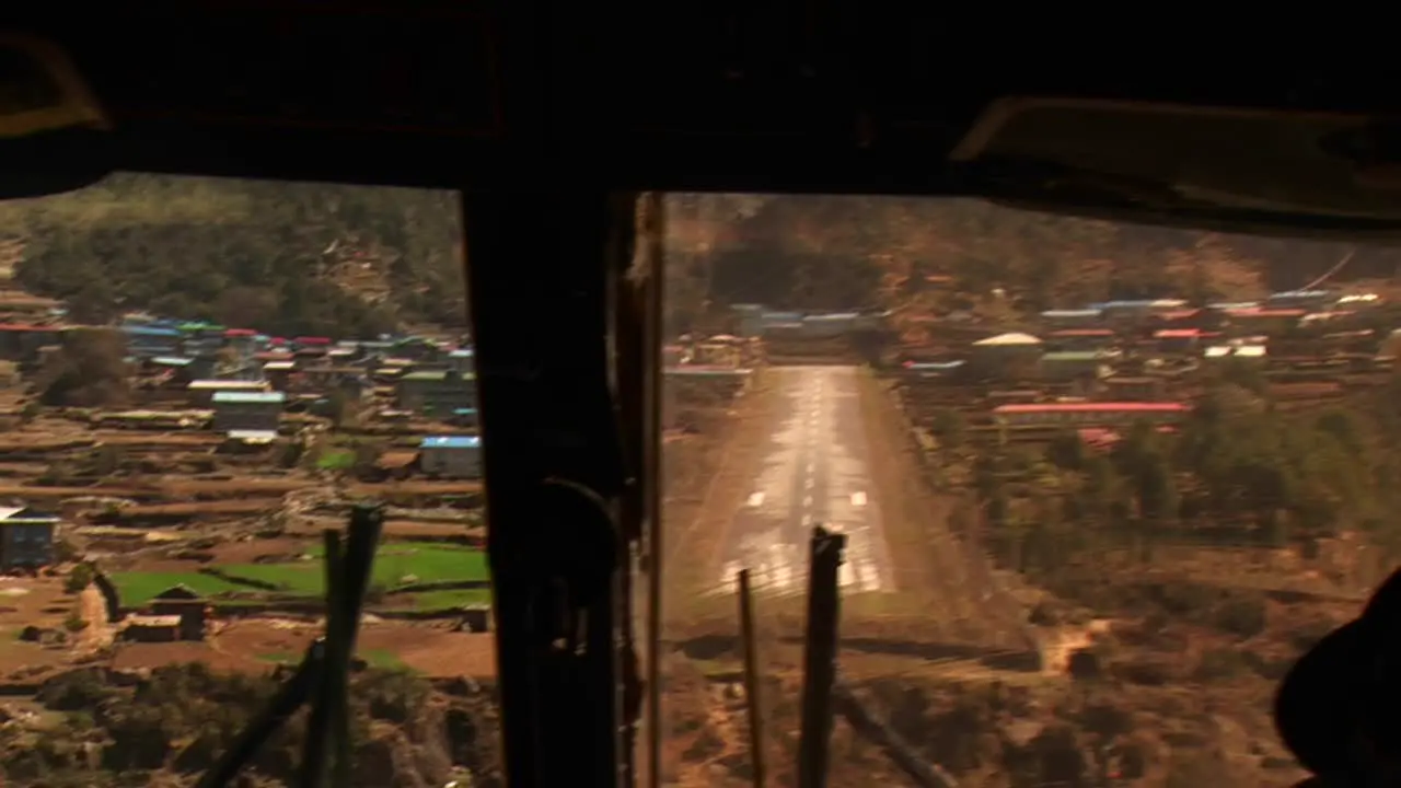 Cockpit view of plane landing at Lukla