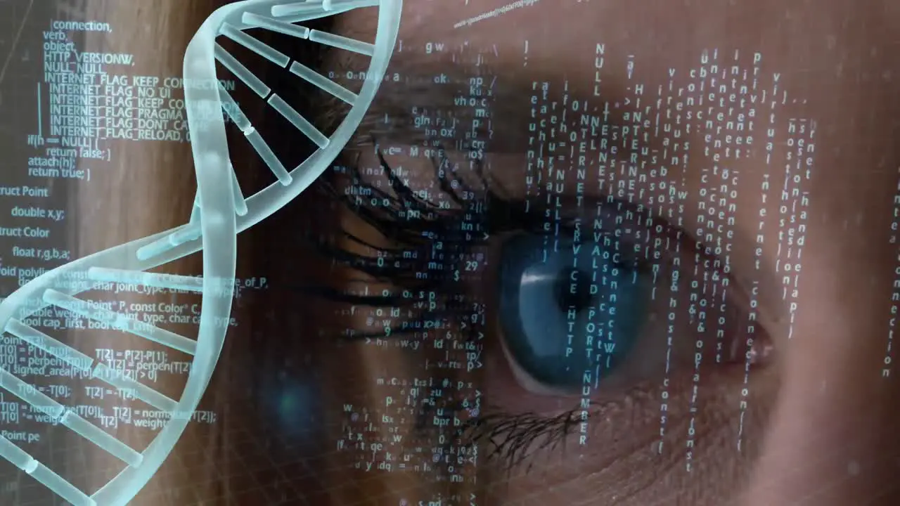 DNA composite with data information on blue eye background