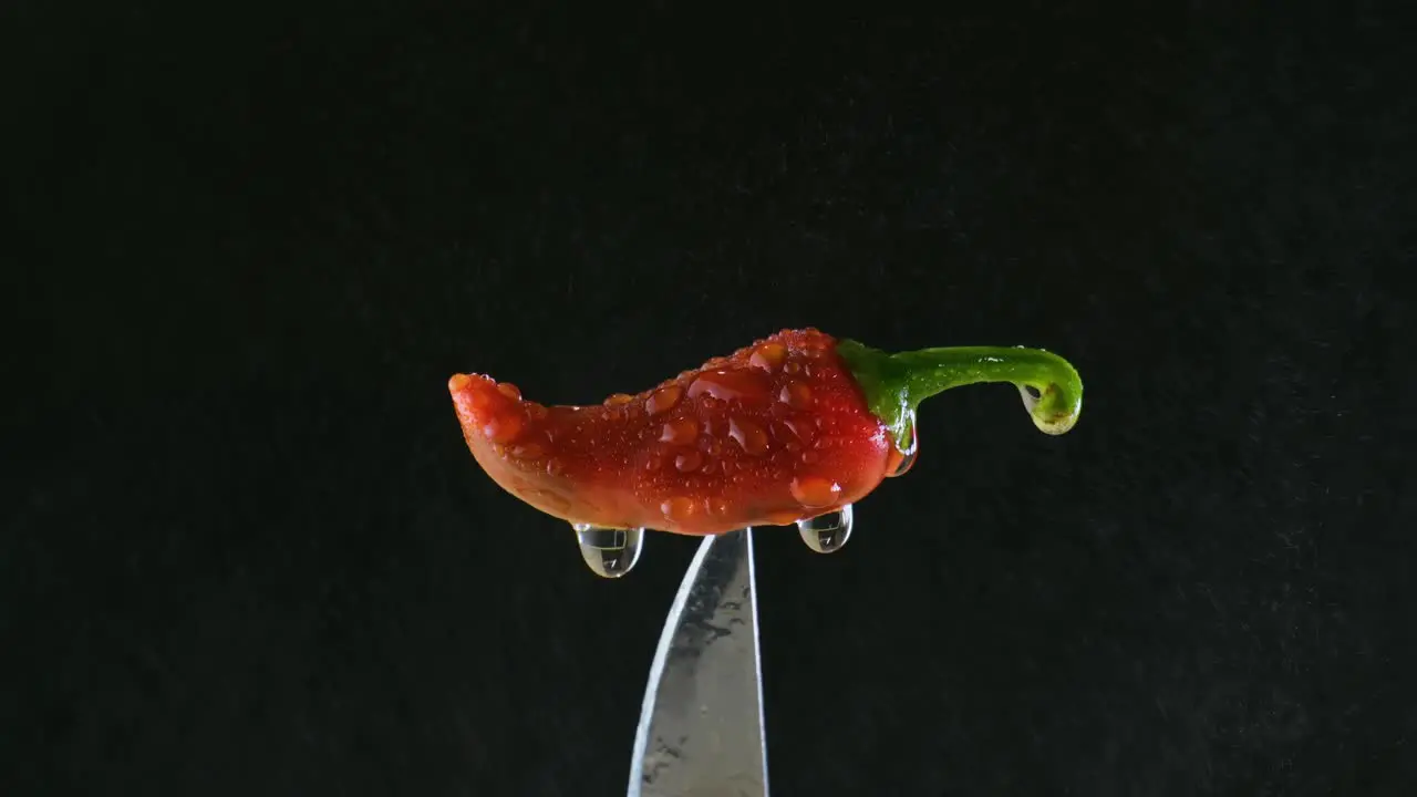 Red Chili Pepper Impaled on the Tip of a Knife and Spray with a Fine Water Spray