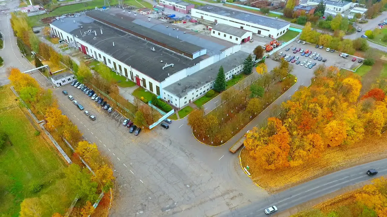 Drone view industrial factory on background autumn forest Industrial buildings